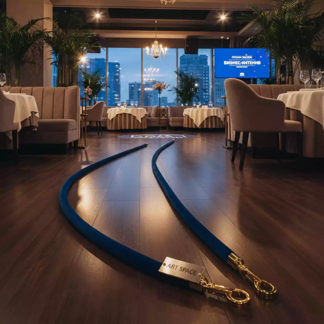 Аренда Канат бархатный голубой золотые крепления 200 см в ресторане «Магадан» — ART SPACE