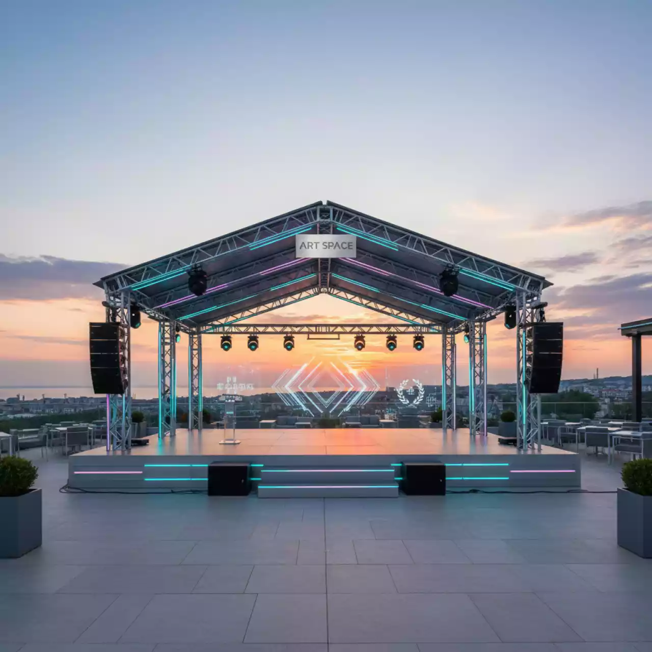 Аренда Комплекс сценический 10х12 м с двускатной крышей и порталами в ресторане «Баран-Рапан» — ART SPACE