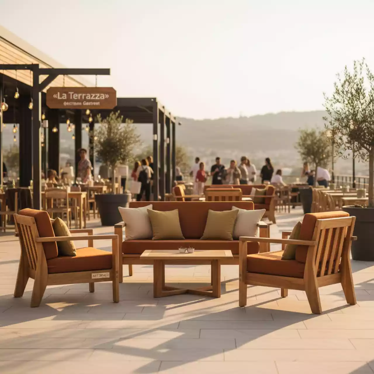 Аренда Комплект мебели Brighton из акации диван 2 кресла стол в ресторане «La Terrazza» — ART SPACE