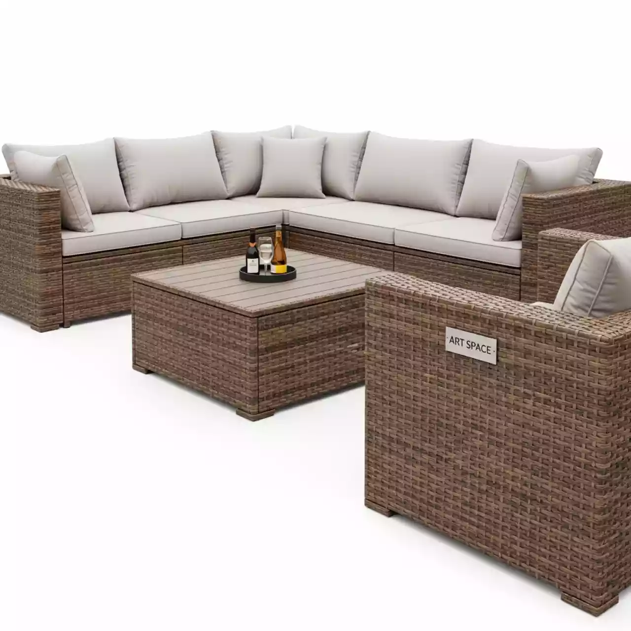 Аренда Комплект мебели из ротанга OUTDOOR Санторини угловой диван стол широкое плетение коричневый в Сочи Парк Отеле — ART SPACE