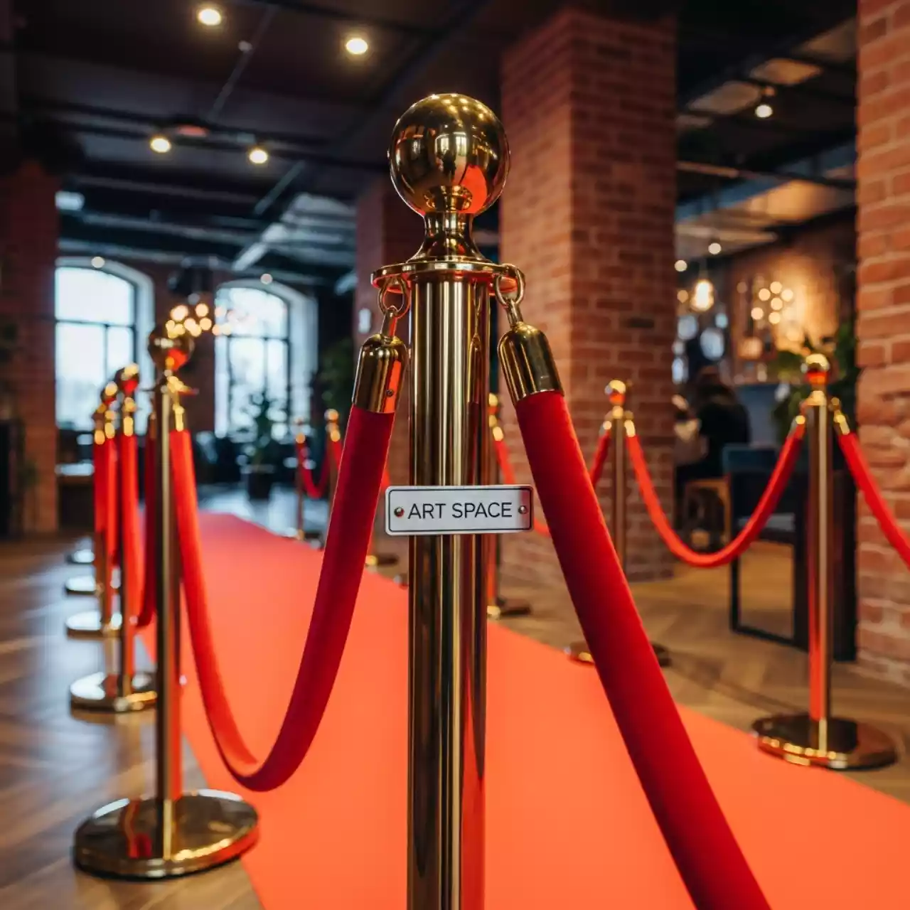 Аренда Красная ковровая дорожка и золотые столбики для свадьбы в ресторане «Магеллан» — ART SPACE