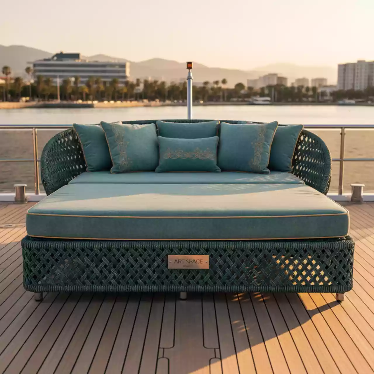 Аренда Лаунж лежак плетеный с подушками Everly на VIP теплоходе (Морпорт Сочи) — ART SPACE