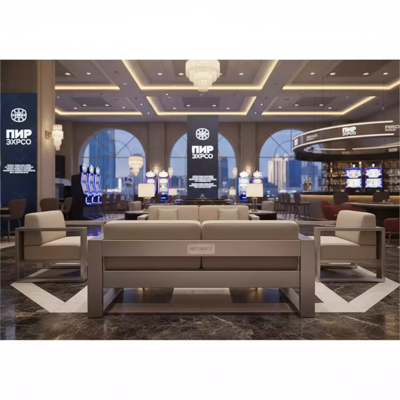 Аренда Мебельная группа Henry VI из литого алюминия светло бежевые подушки в казино «Сочи» — ART SPACE