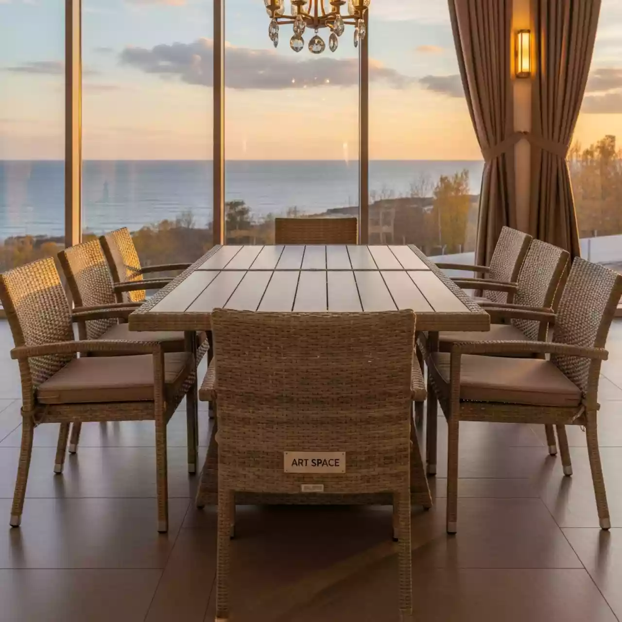 Аренда Мебельная группа Modena XL бежево коричневая 8 персон стол 240х100 ротанг в зале «Чайка» (Морпорт) — ART SPACE