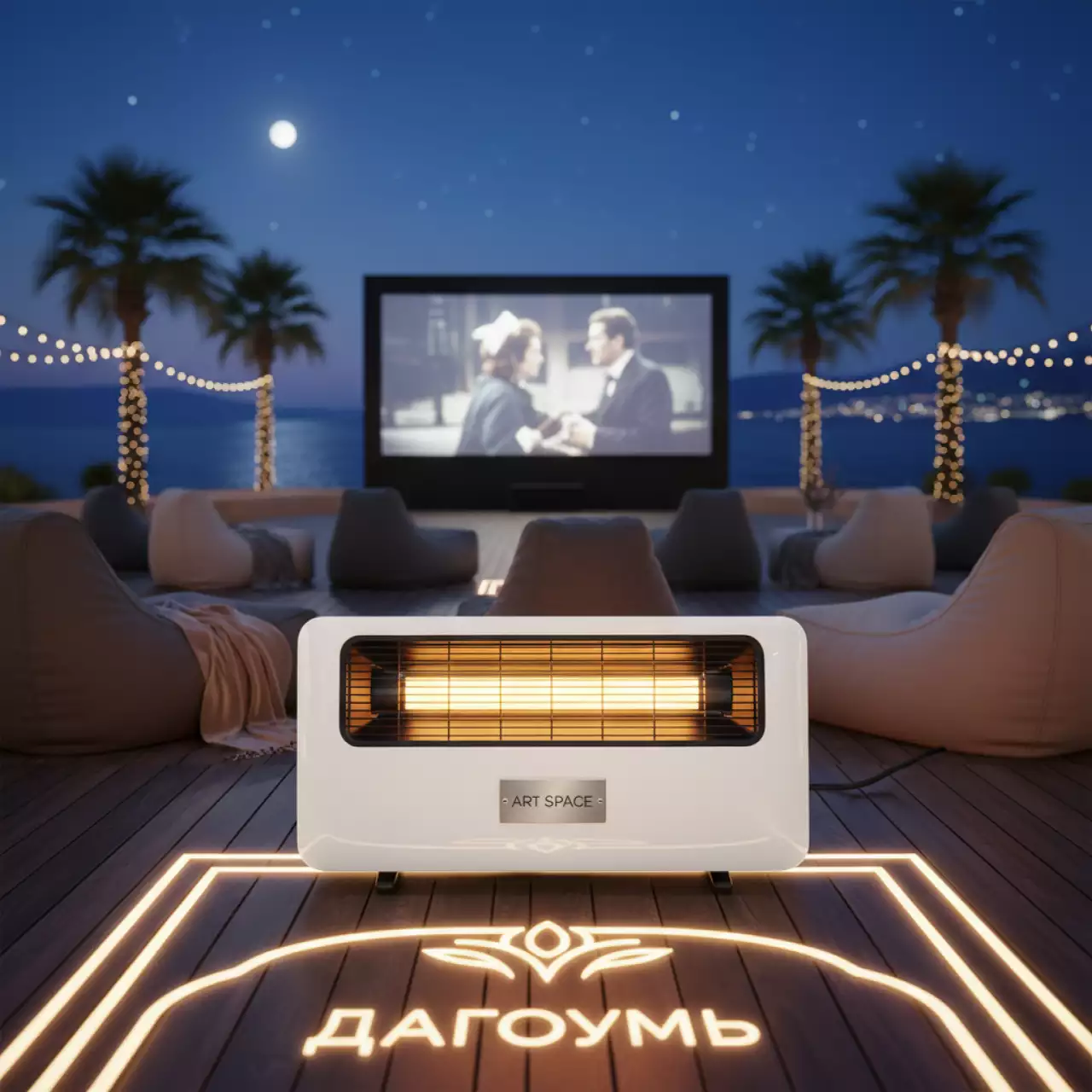 Аренда Обогреватель инфракрасный Heliosa Hi Design 11 1500 Вт белый черный в комплексе «Дагомыс» – Кинопоказ в Модернном Комплексе «Дагомыс" — ART SPACE