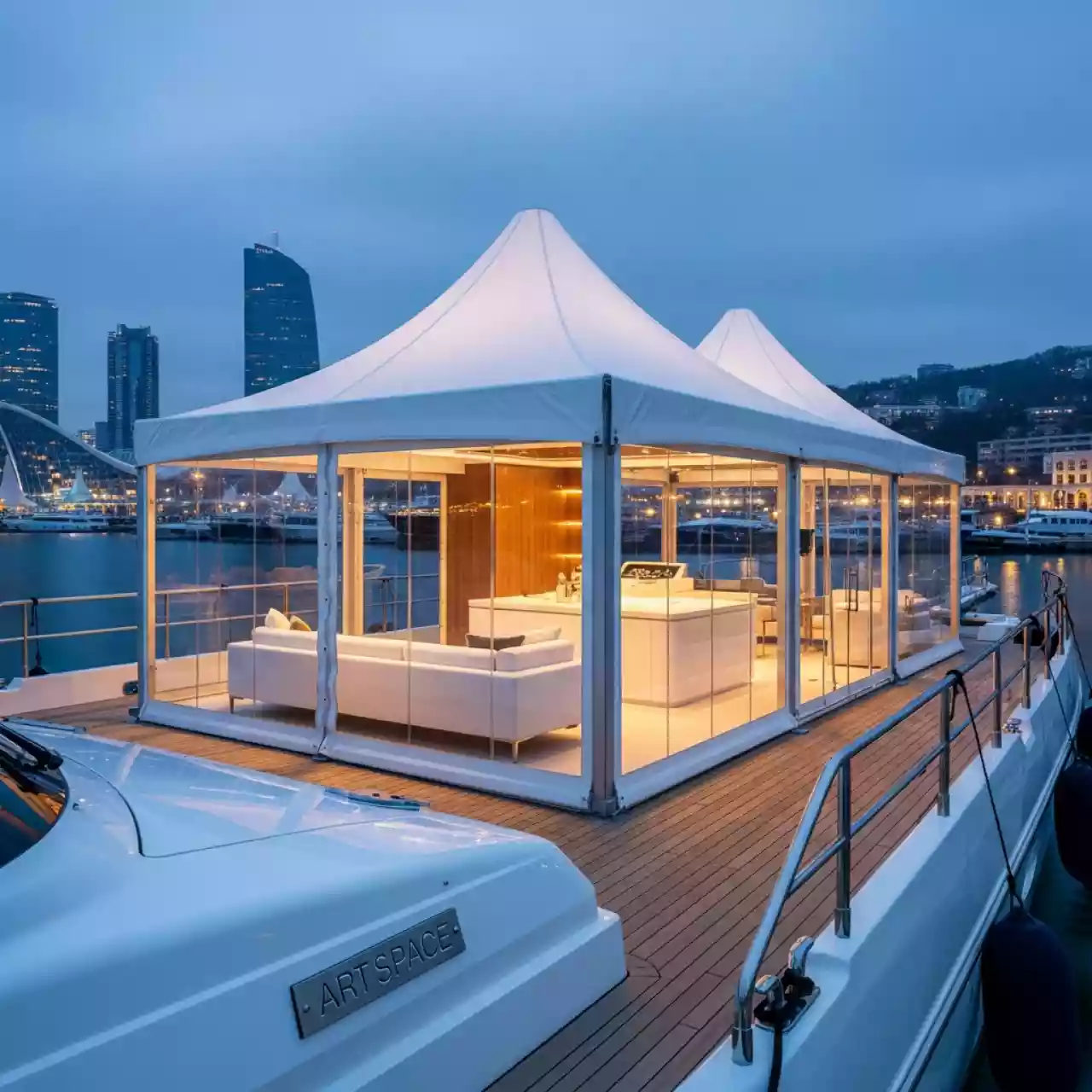 Аренда Пагода Лондон остекленная 5х15 м на VIP-яхте (Имеретинский порт) — ART SPACE
