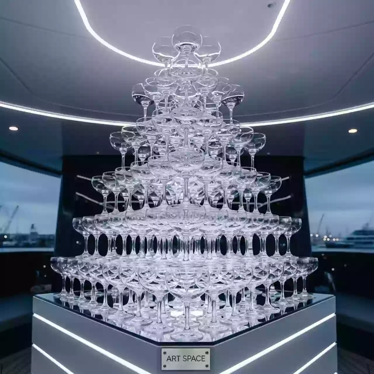 Аренда Пирамида из шампанского 120 бокалов 8 ярусов на VIP теплоходе (Морпорт Сочи) — ART SPACE