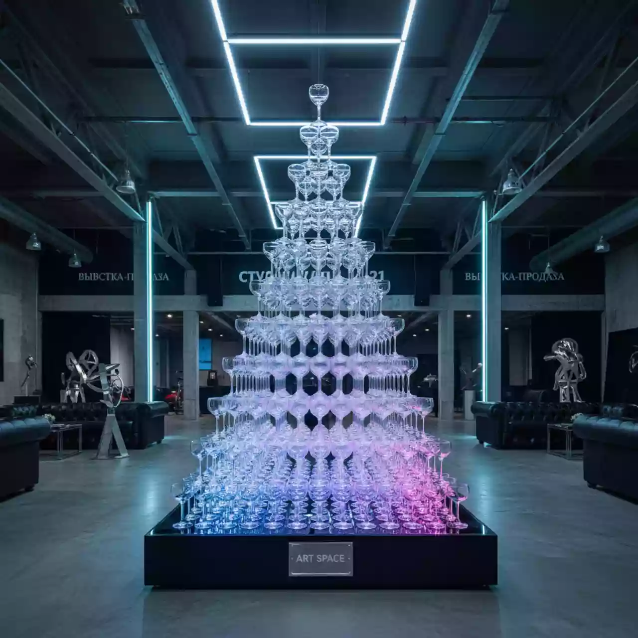Аренда Пирамида из шампанского 220 бокалов в лофте «Студия 21» — ART SPACE