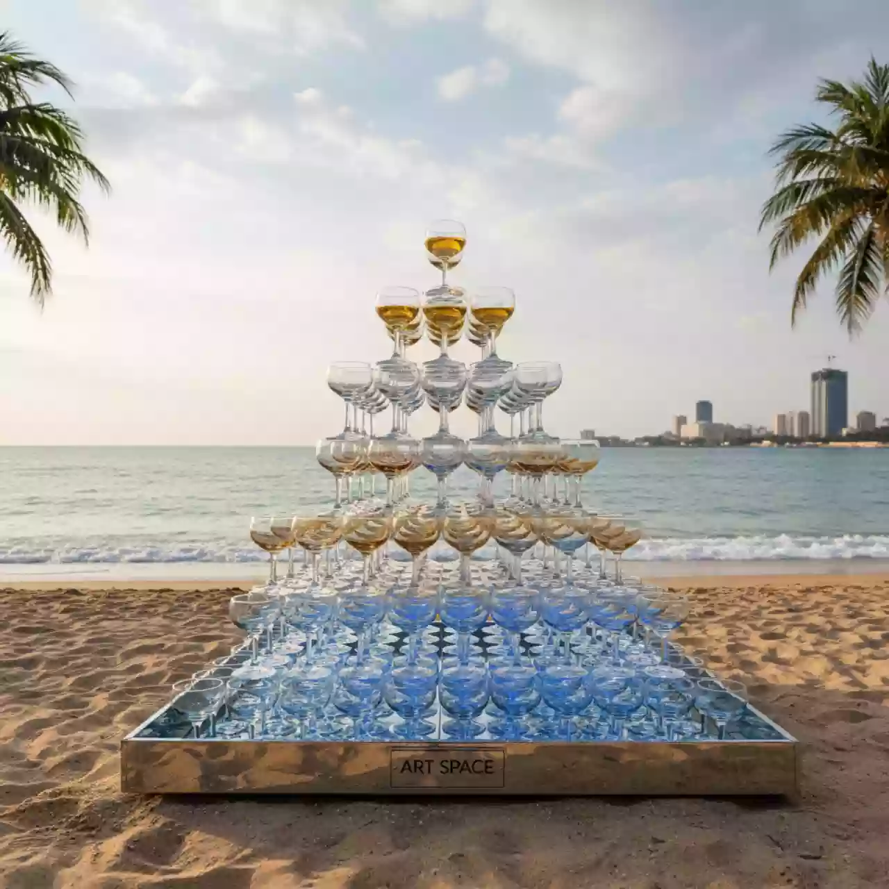 Аренда Пирамида из шампанского 286 бокалов на пляже «Мандарин» — ART SPACE