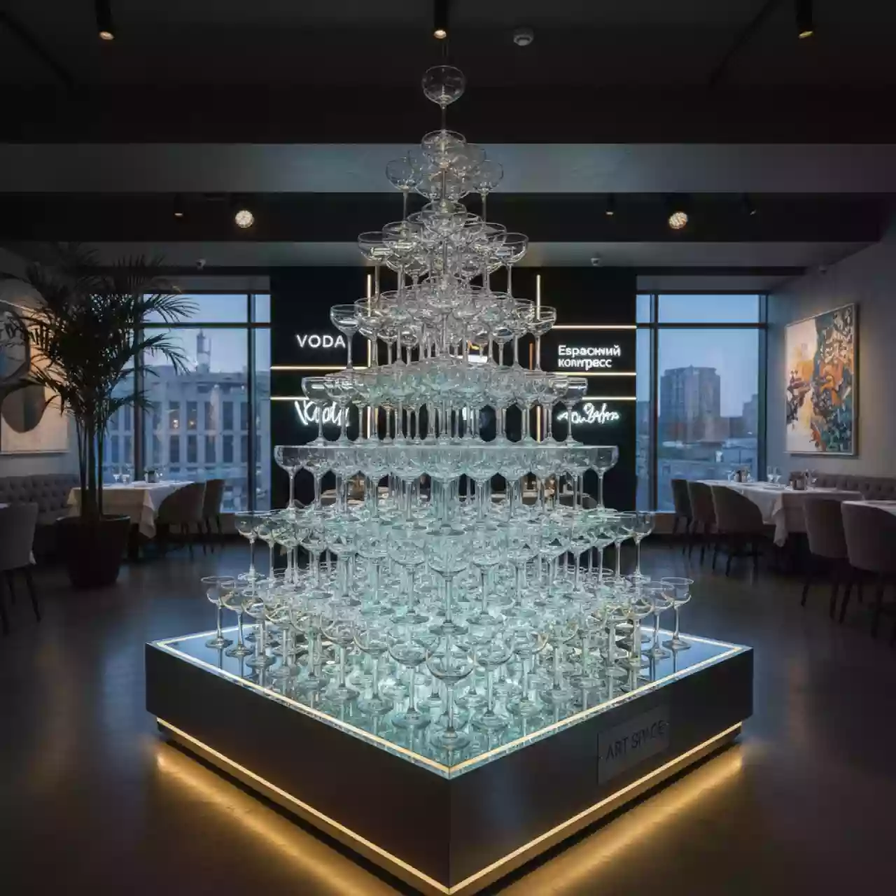 Аренда Пирамида из шампанского 364 бокалов 12 ярусов в ресторане «Voda» — ART SPACE