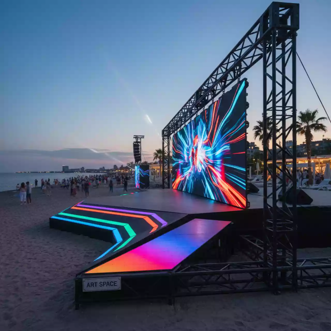 Аренда Сцена 10х8 м и фермовая конструкция под экран в пляжном комплексе VinoGrad — ART SPACE