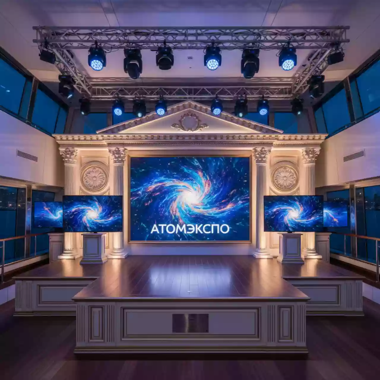 Аренда Сцена 6х4 м с экраном 5х3 м и телевизорами на VIP теплоходе (Морпорт Сочи) — ART SPACE