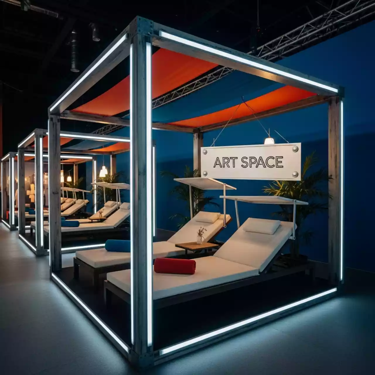 Аренда Шатер с лежаками и навесом Santorini в ледовом дворце «Роза Хутор» — ART SPACE