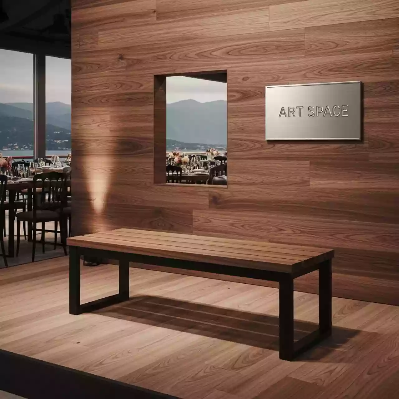 Аренда Скамья Лидер 8 1200х300 орех черный каркас на территории Морпорта Сочи — ART SPACE