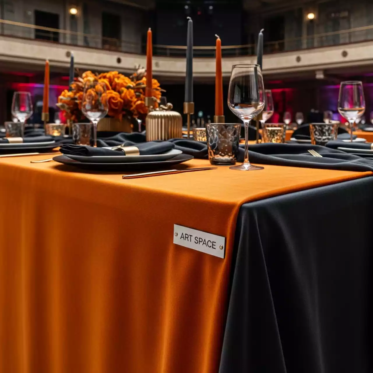 Аренда Скатерть бархатная круглая ИЛЕР тыквенная 320 в Зимнем театре — ART SPACE