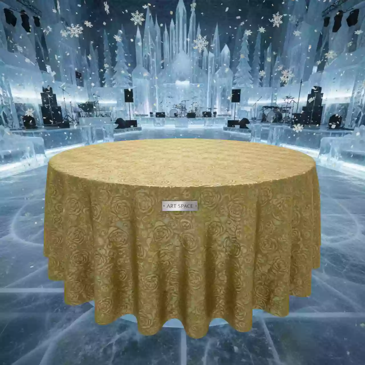 Аренда Скатерть круглая "Розабелла" золото 3300 мм в ледовом дворце «Роза Хутор» — ART SPACE