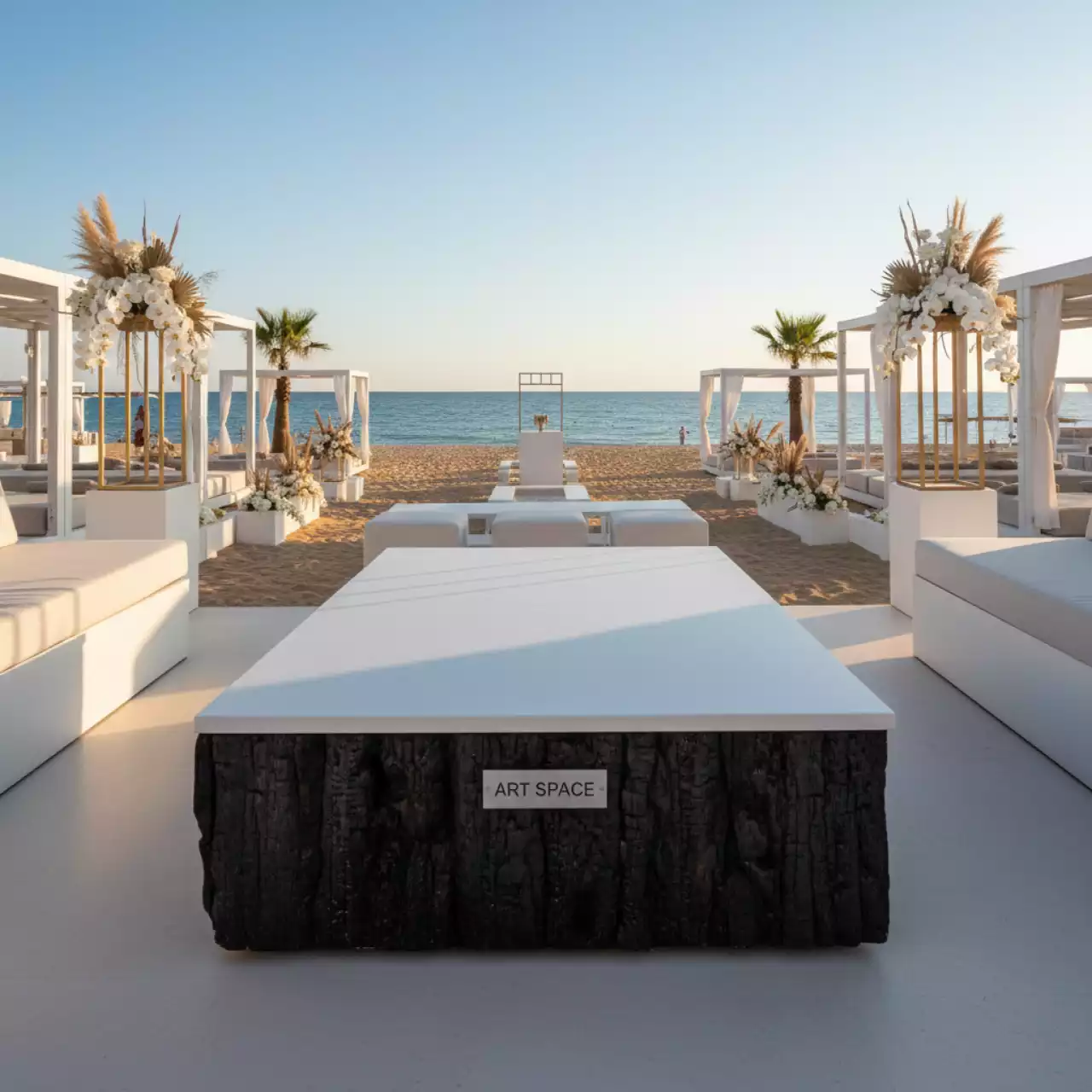 Аренда Стол журнальный обожженное дерево с белой столешницей в пляжном комплексе VinoGrad — ART SPACE