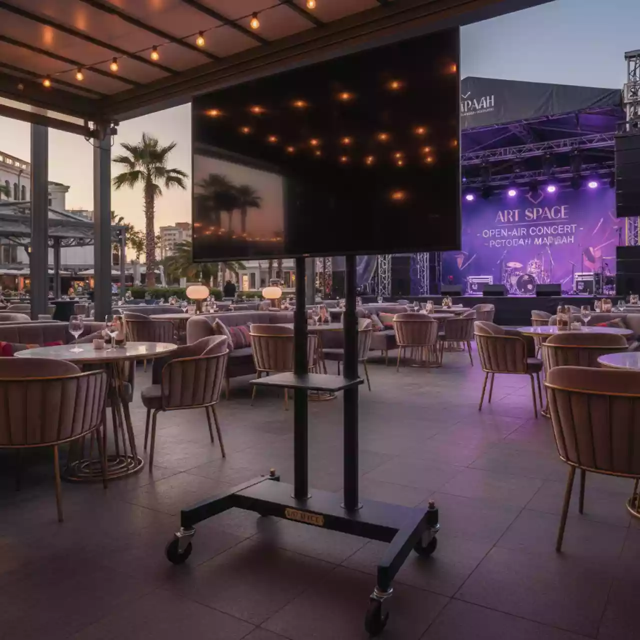 Аренда Стойка для телевизора 85 дюймов на колесиках с кронштейном в ресторане «Магадан» — ART SPACE