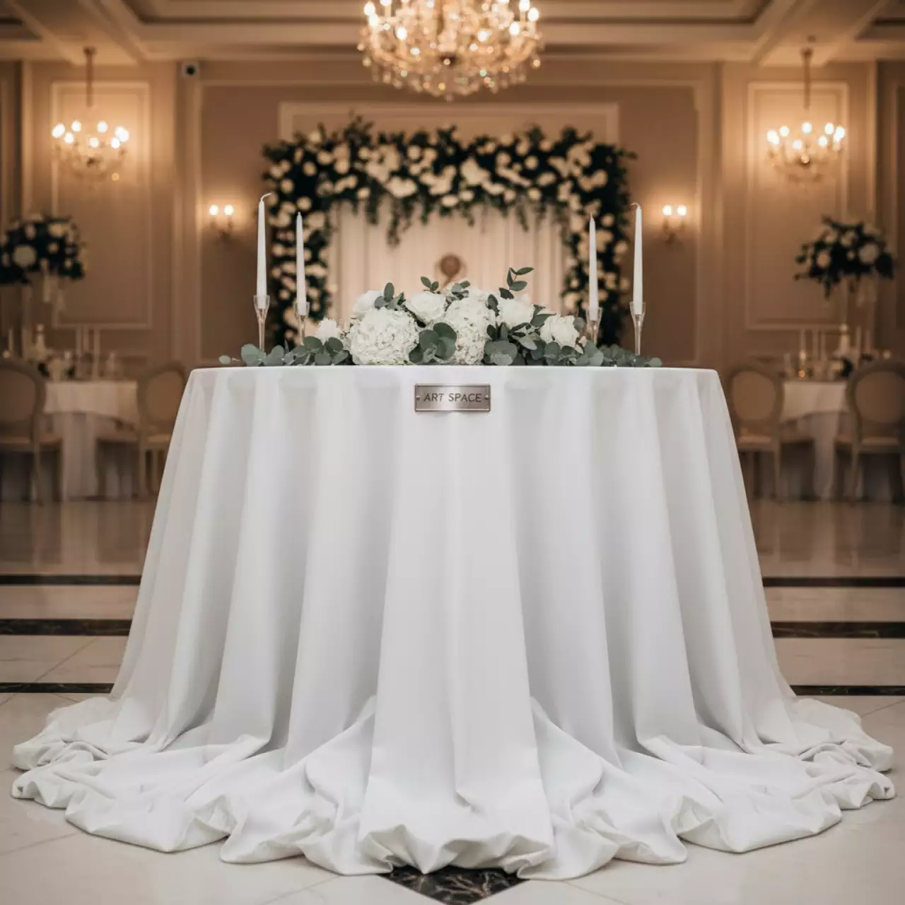 Аренда Стрейч чехол с юбкой для круглого стола белый 120 см в комплексе «Дагомыс» — ART SPACE