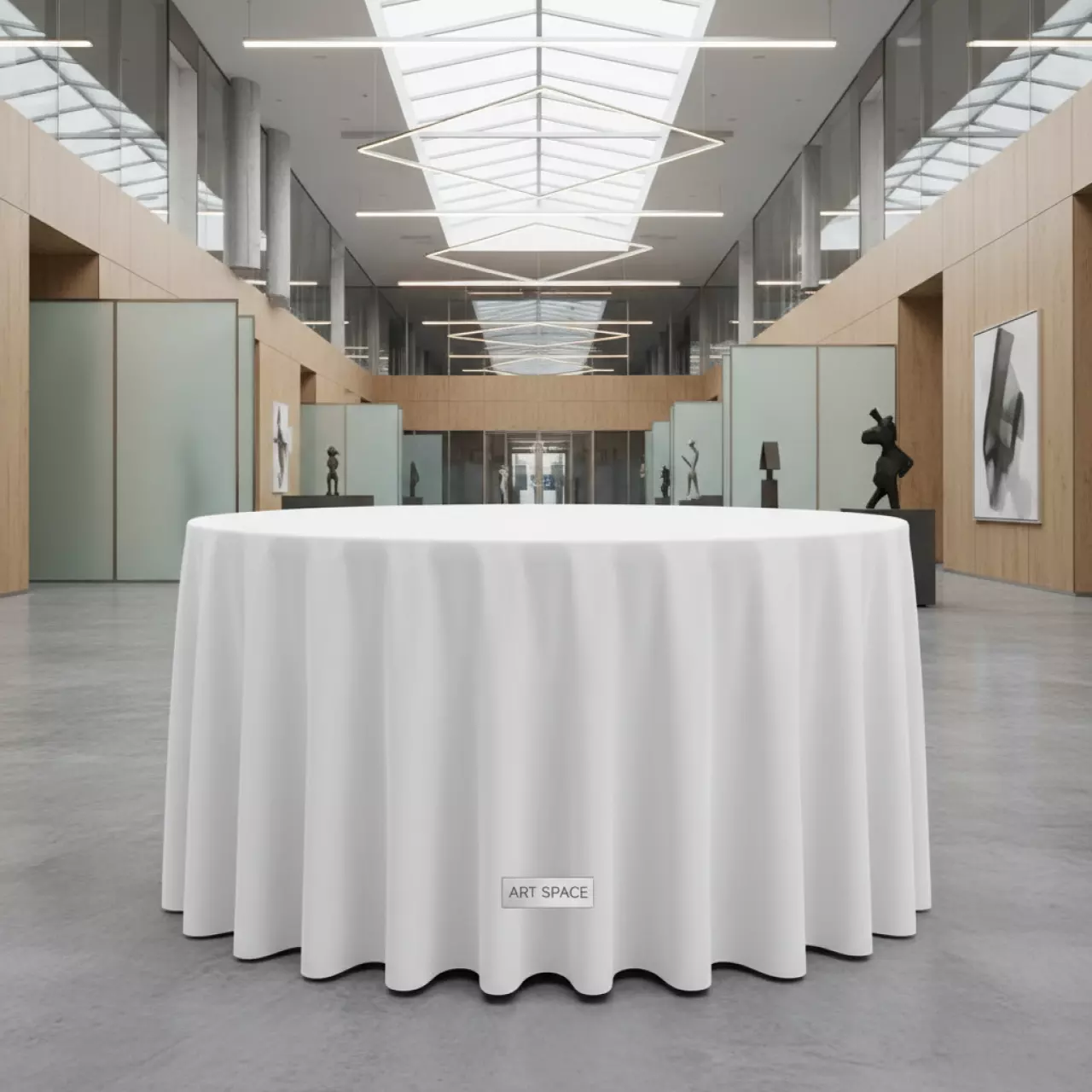 Аренда Стрейч чехол с юбкой для круглого стола белый 180 см в Mantera Supreme — ART SPACE