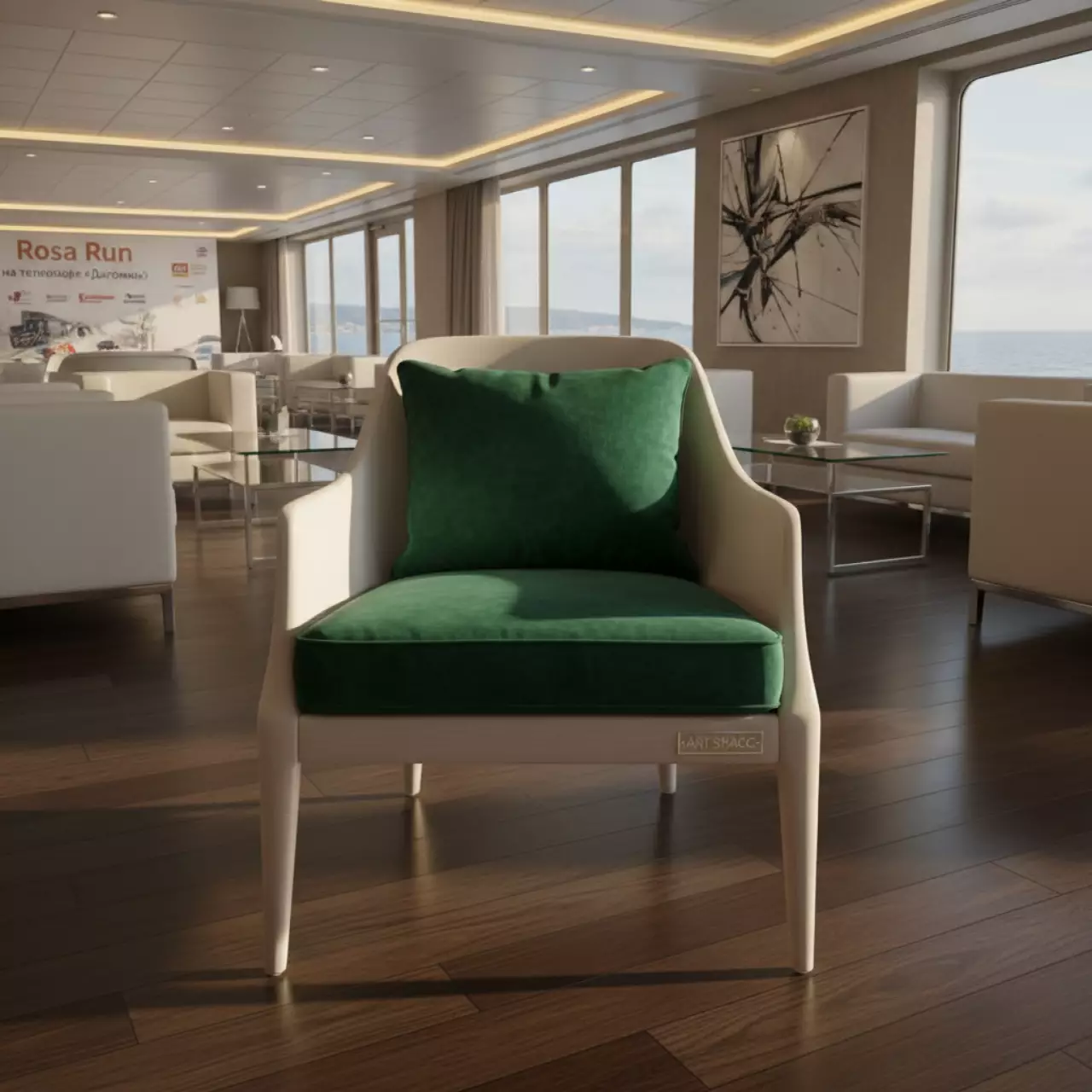 Аренда Стул УНИСОН белый с эвкалиптовой бархатной подушкой на теплоходе «Дагомыс» — ART SPACE