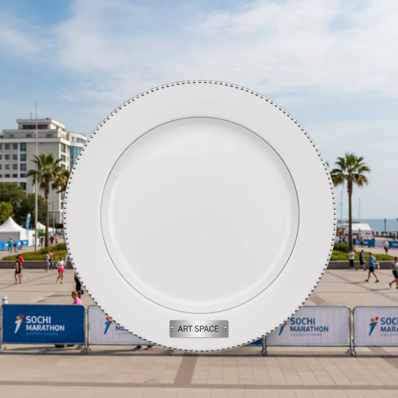 Аренда Тарелки подстановочной Ариэль с серебряными бусинками 32 см на территории Морпорта Сочи — ART SPACE