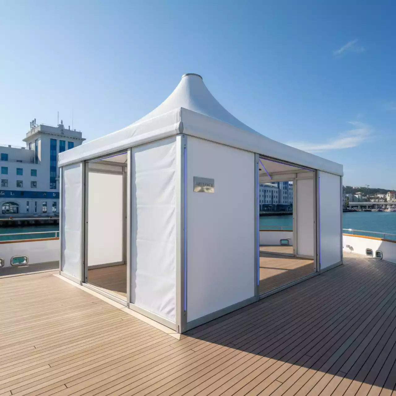 Аренда Тентовые конструкции шатры павильоны на VIP теплоходе (Морпорт Сочи) — ART SPACE