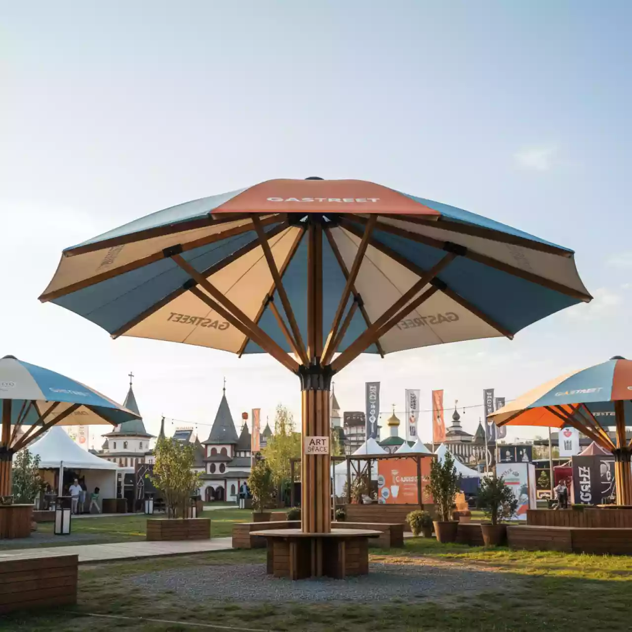 Аренда Зонт четырёхкупольный Galaxia Quattro Timber 6х6 м в этно-парке «Моя Россия» — ART SPACE