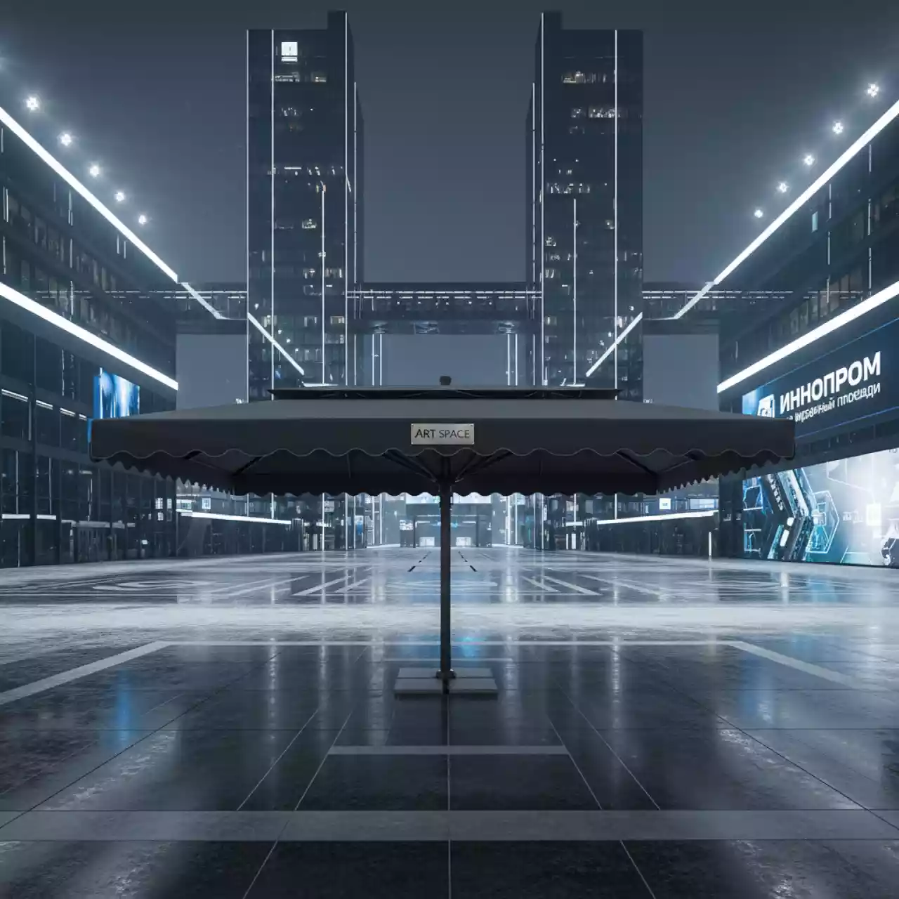 Аренда Зонт профессиональный двухкупольный Alu Double Dark 3,5х7 м с воланом на Медальной площади — ART SPACE