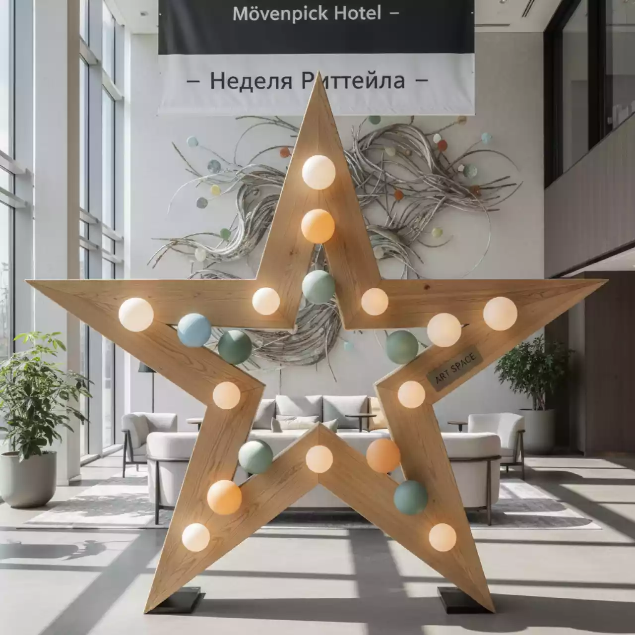 Аренда Звезда деревянная с цветными лампами в Mövenpick Hotel — ART SPACE